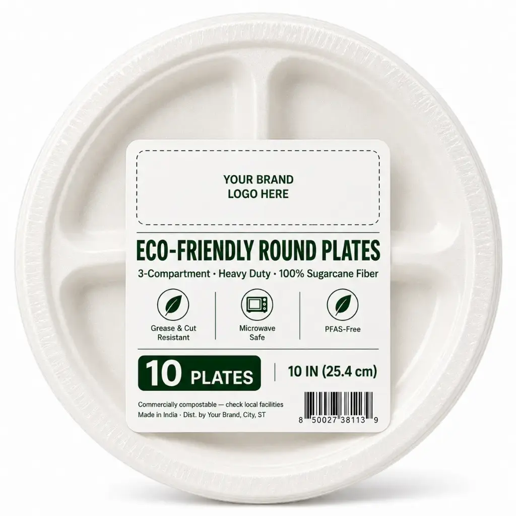 [DS-BG-1010C] Eco-friendly Round Plate 10" 3-Compartment, 10-ct per pack | 36 Packs/Case