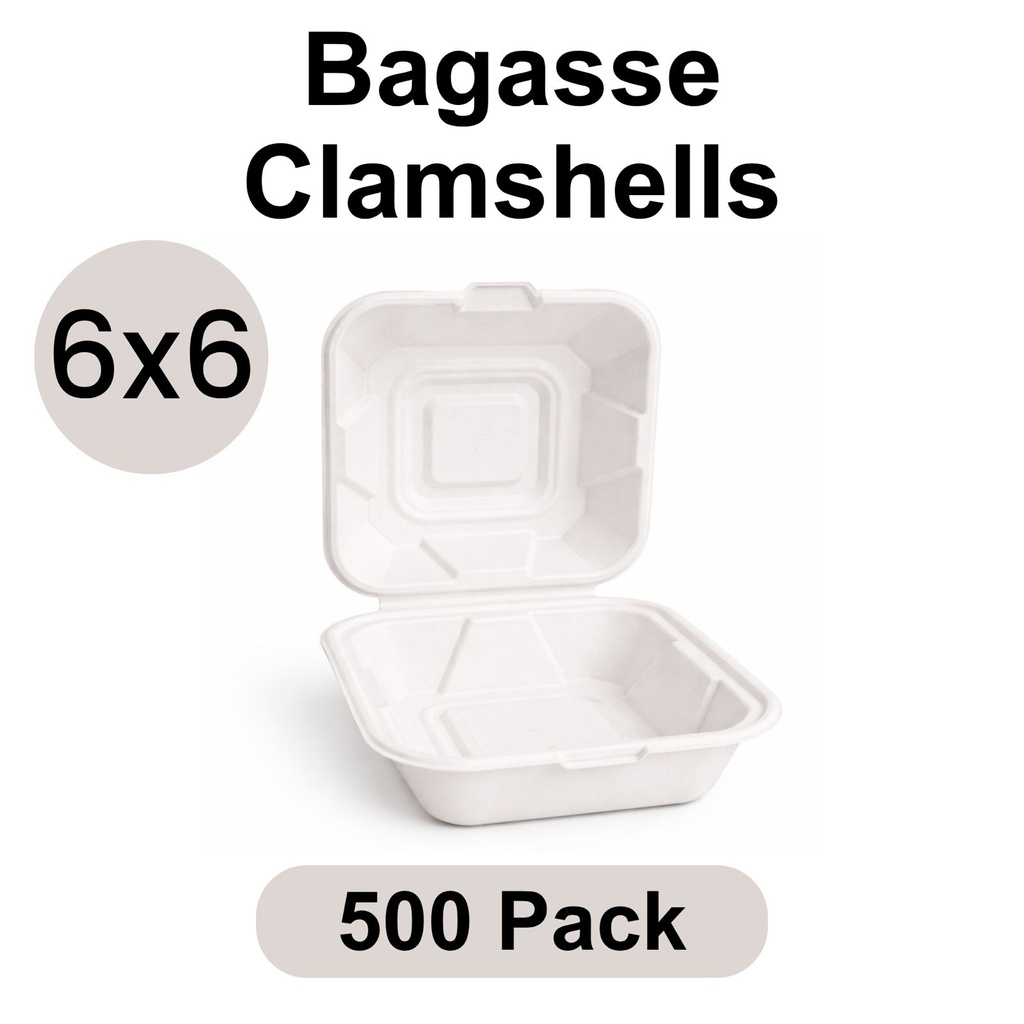 [CS-06-WH] 6"x6" Clamshell White [500 pack] Bagasse