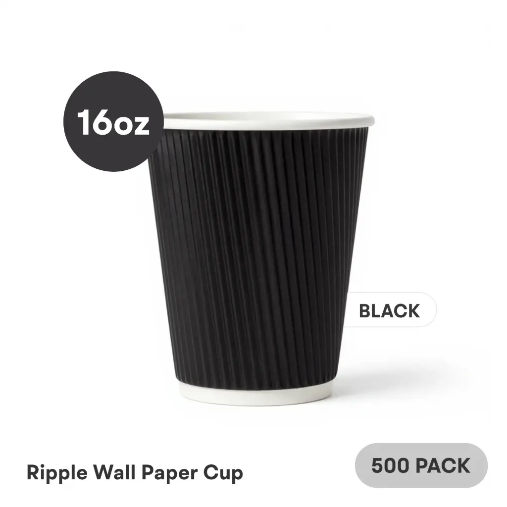 16 OZ Paper Cup Ripple Wall (480 ML) (Black) [500 per case] Plain Disposable 