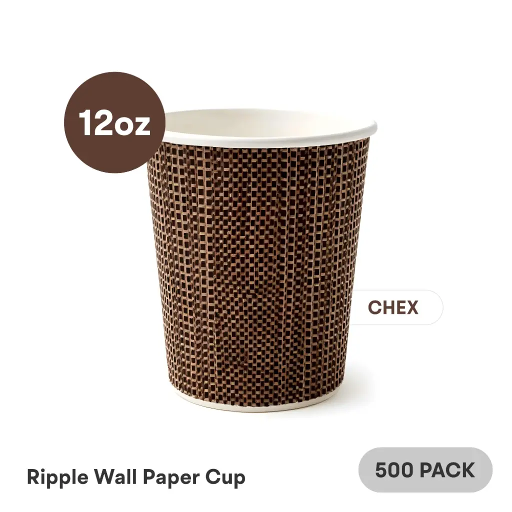 12 OZ Paper Cup Ripple Wall (360 ML) (Brown Chex Black Dots) [500 per case] Plain Disposable