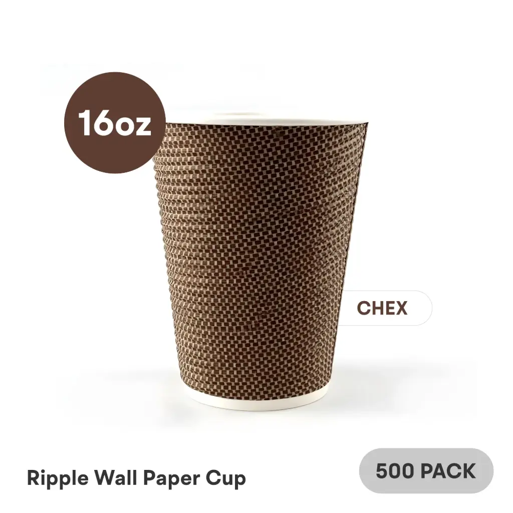 16 OZ Paper Cup Ripple Wall (480 ML) (Brown Chex Black Dots) [500 per case] Plain Disposable