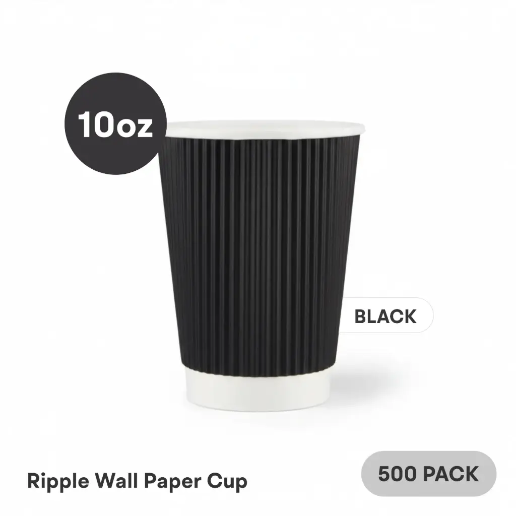 10 OZ Paper Cup Ripple Wall (300 ML) (Black) [500 per case] Plain Disposable 