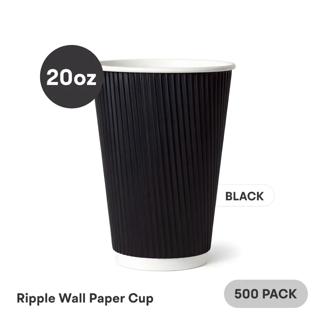 20 OZ Paper Cup Ripple Wall (600 ML) (Black) [500 per case] Plain Disposable  