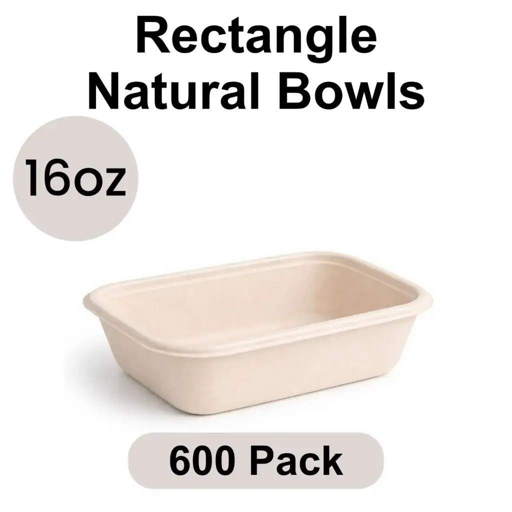 [BB-16-WH-1] 16 Oz Bowl Rectangle Natural (500 ml) [600 pack] Bagasse