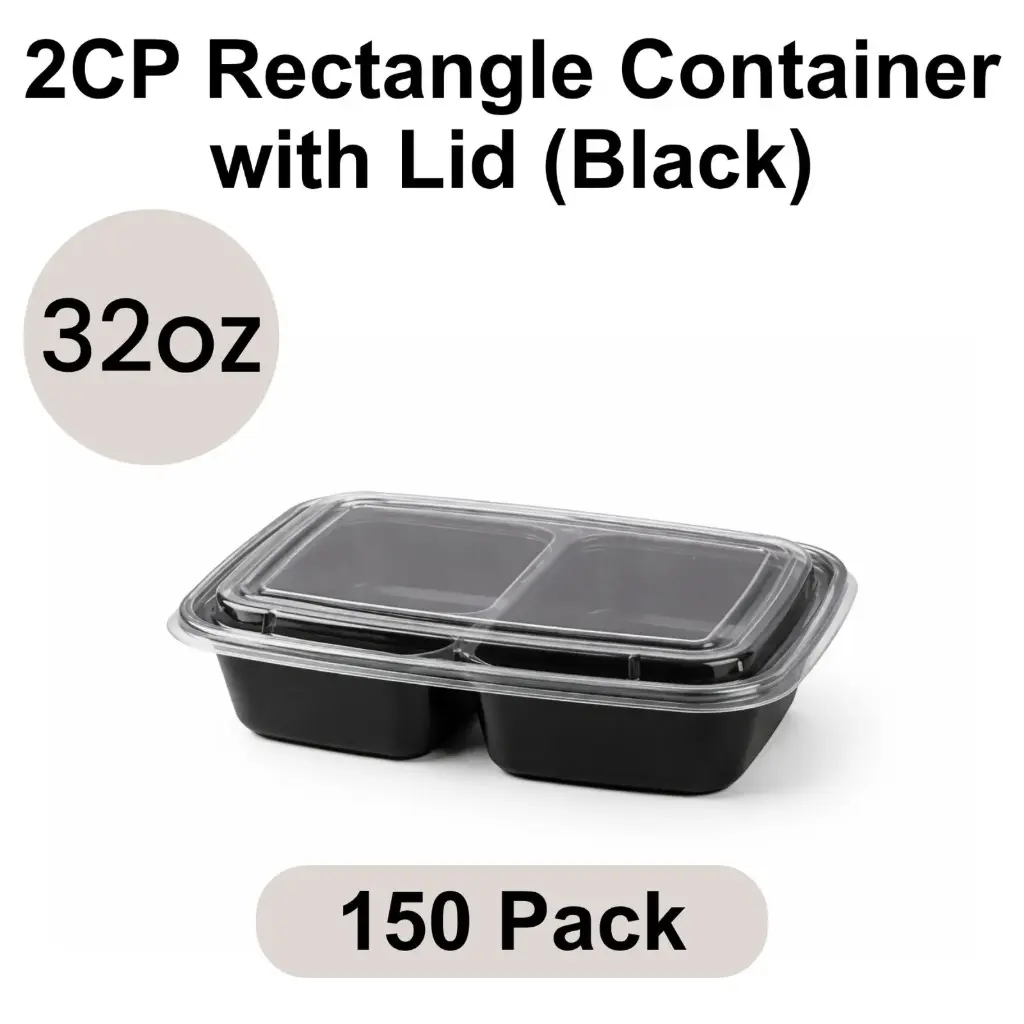 32oz 2-Compartment Rectangular Black PP Container with Lid 150pk [RE-32(2)]