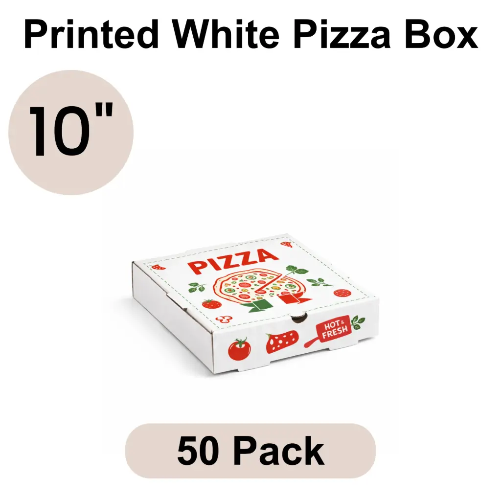 10" Printed White Pizza Box 3-ply B-Flute 50pk