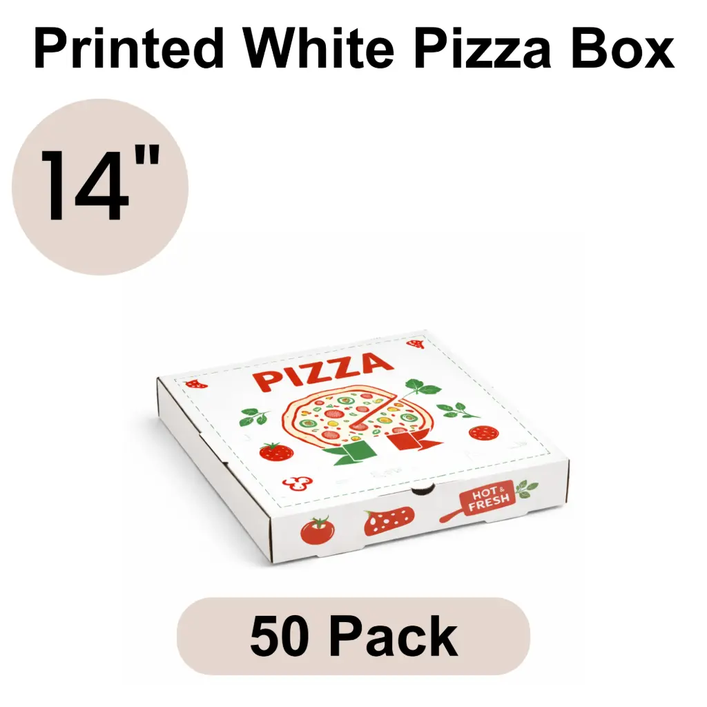 14" Printed White Pizza Box 3-ply B-Flute 50pk