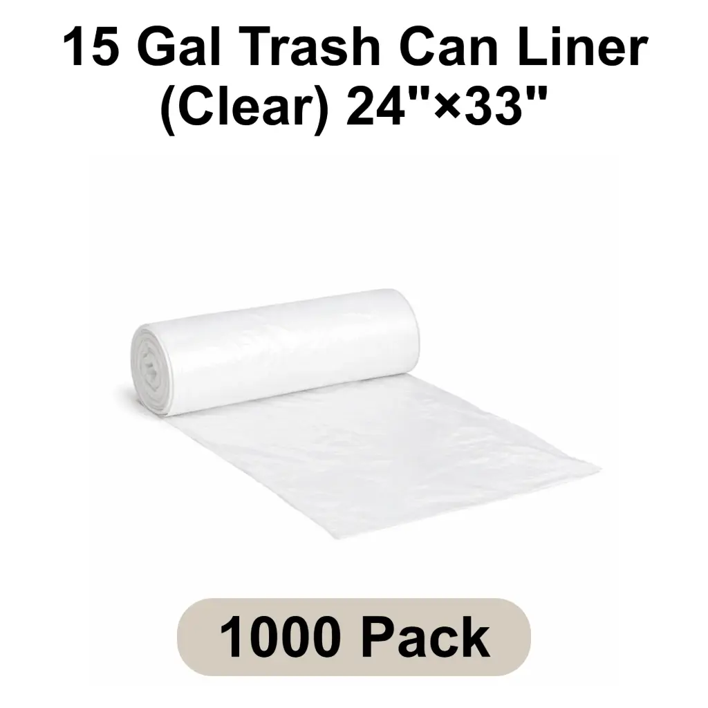 15 Gal Trash Can Liner (Clear) 24"x33" 8 Micron Star Seal | 1000/Case (20 Rolls x 50 Bags/Roll)