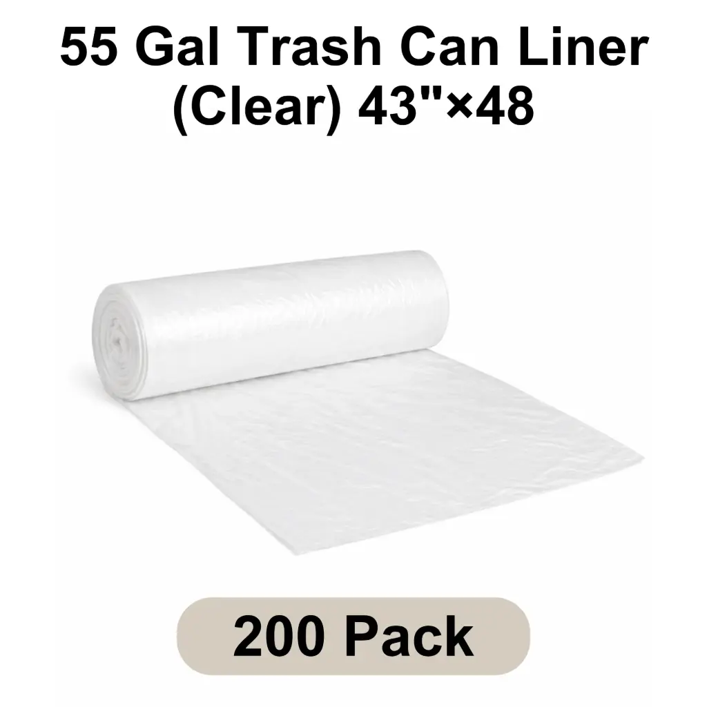 55 Gal Trash Can Liner (Clear) 43"x48" 16 Micron Star Seal | 200/Case (8 Rolls x 25 Bags/Roll)