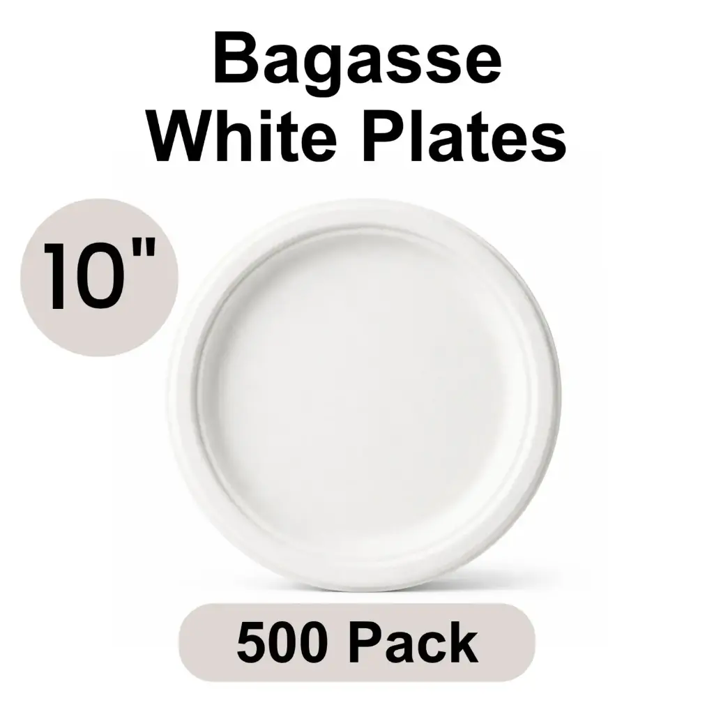 10" Plates  White (Classic) [500 Pack] Eco-Friendly Compostable Sugarcane Fibre