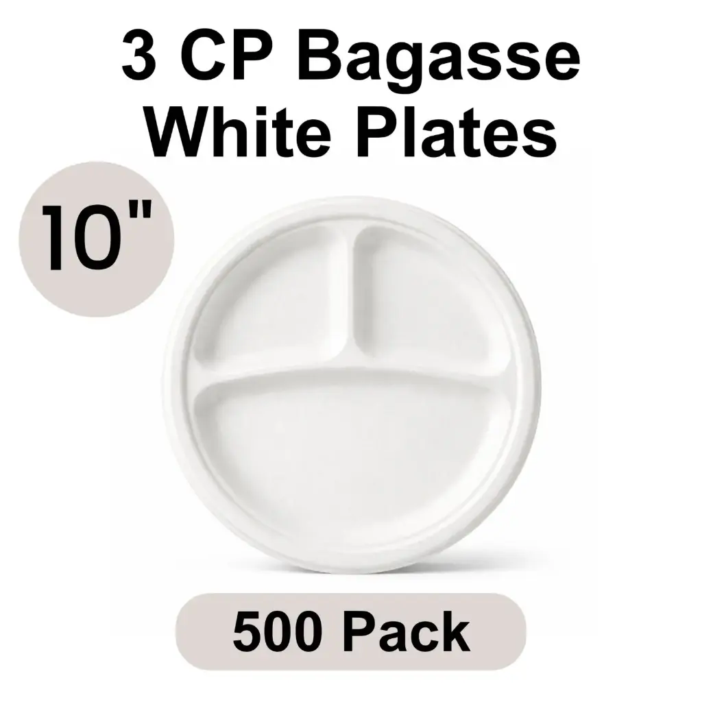 [BP-10-3C] 10" Plates White 3-Compartment [500 pack] Bagasse