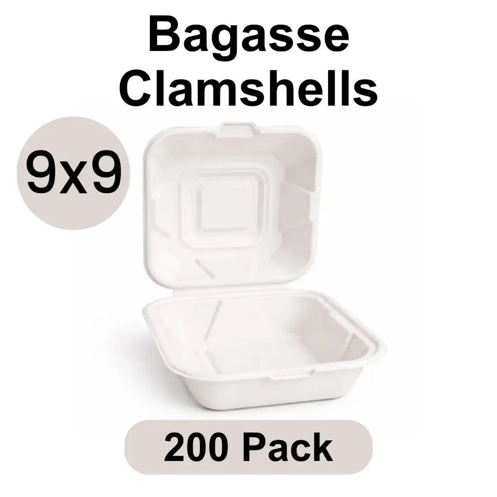 [CS-09-WH-1] 9"x9" Clamshell White [200 pack] Bagasse